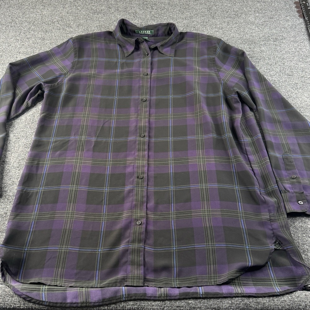 Lauren Ralph Lauren Womens Sheer Purple Plaid Button Down Shirt Long Sleeve  XL